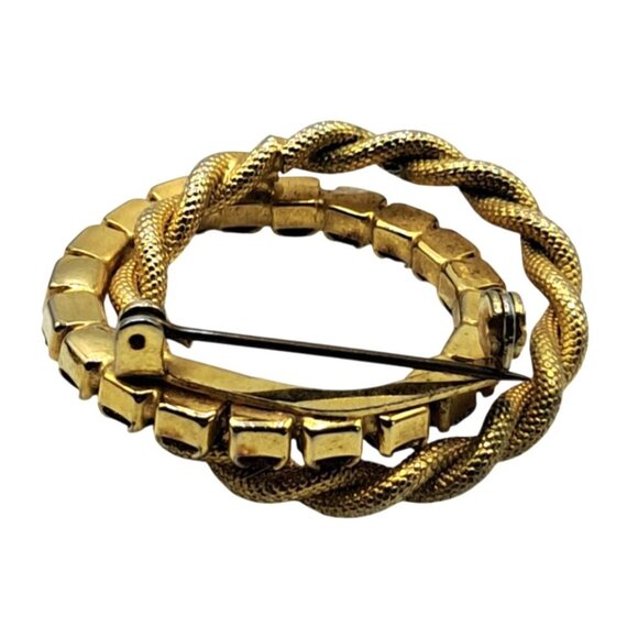 Vintage Rhinestone Brooch Red Clear Double Circle Infinity Pin Gold Tone Costume - Picture 9 of 10